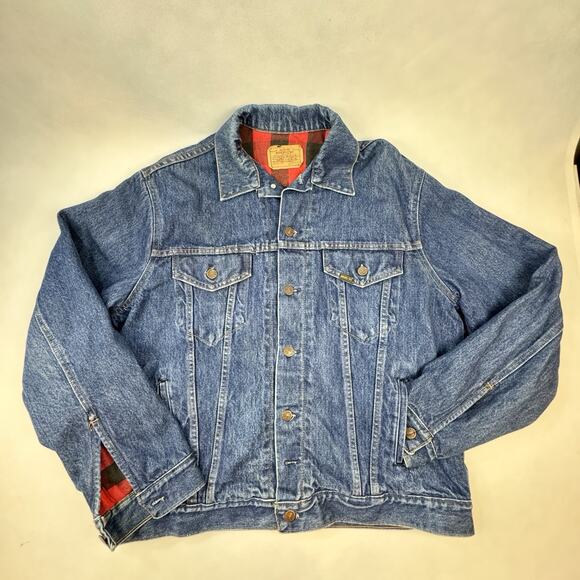 VTG Genuine‎ Roebucks Flannel Lined Denim Jacket Men’s 46 Tall Buffalo plaid - Picture 1 of 10